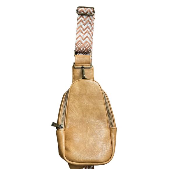 Threaded Pear Tan Vegan Leather Sling Bag Embroidered Strap - Picture 2 of 11